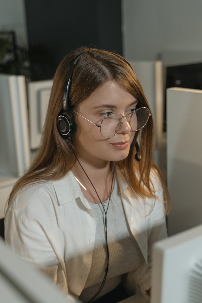 A young woman with eyeglasses and headphones working in a call center.